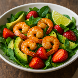 Тёплый салат с креветками, авокадо и клубникой в медово-лаймовом соусе